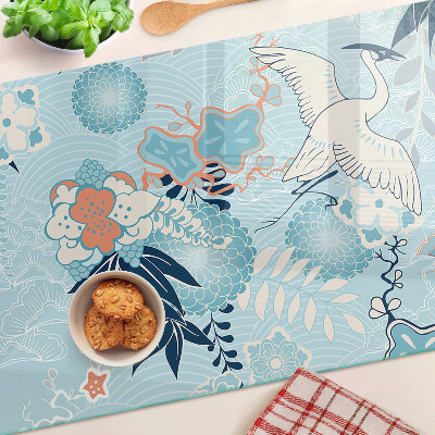 Tagliere in vetro con stampa di fiori e uccelli in stile orientale