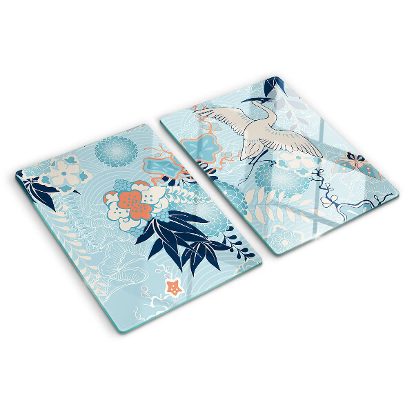 Tagliere in vetro con stampa di fiori e uccelli in stile orientale