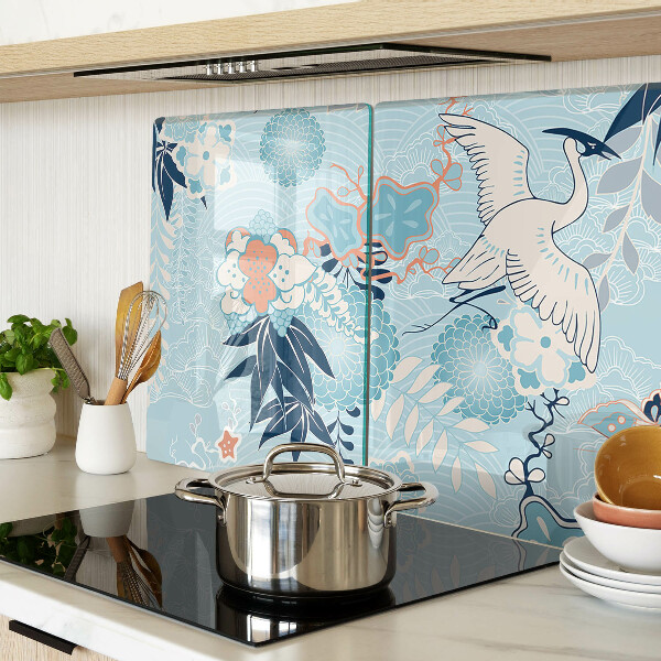 Tagliere in vetro con stampa di fiori e uccelli in stile orientale