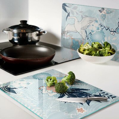 Tagliere in vetro con stampa di fiori e uccelli in stile orientale