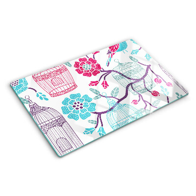 Tagliere in vetro temperato con decorazione di uccelli e gabbie floreali