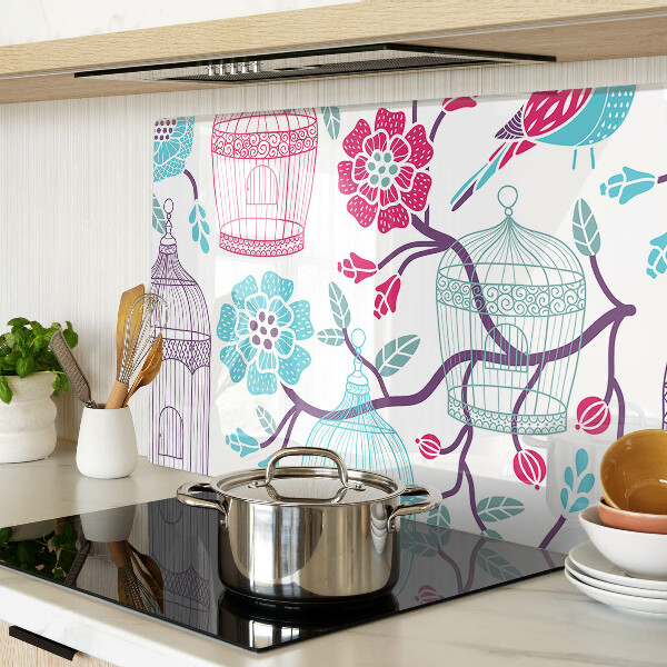 Tagliere in vetro temperato con decorazione di uccelli e gabbie floreali