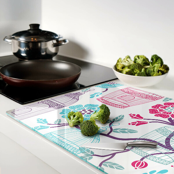 Tagliere in vetro temperato con decorazione di uccelli e gabbie floreali