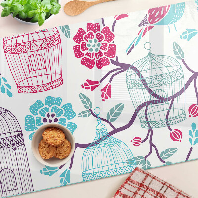 Tagliere in vetro temperato con decorazione di uccelli e gabbie floreali