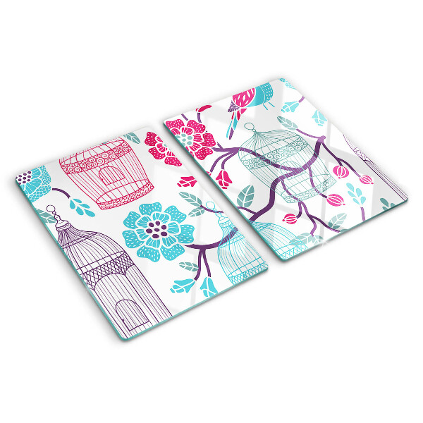 Tagliere in vetro temperato con decorazione di uccelli e gabbie floreali