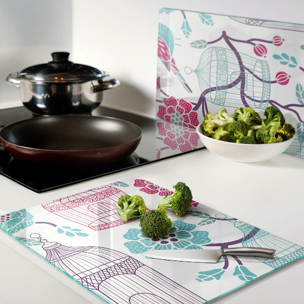 Tagliere in vetro temperato con decorazione di uccelli e gabbie floreali