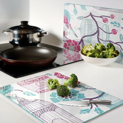 Tagliere in vetro temperato con decorazione di uccelli e gabbie floreali