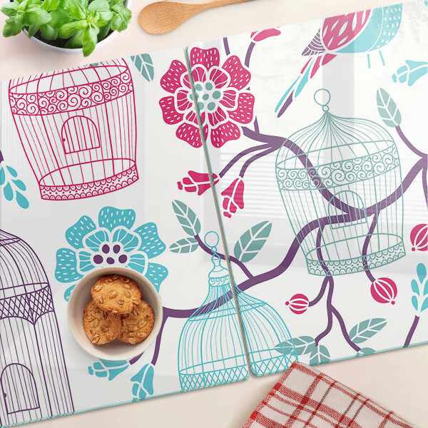 Tagliere in vetro temperato con decorazione di uccelli e gabbie floreali