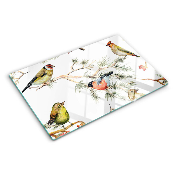 Tagliere in vetro con decorazione di uccelli sui rami e frutti