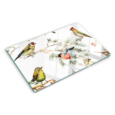 Tagliere in vetro con decorazione di uccelli sui rami e frutti