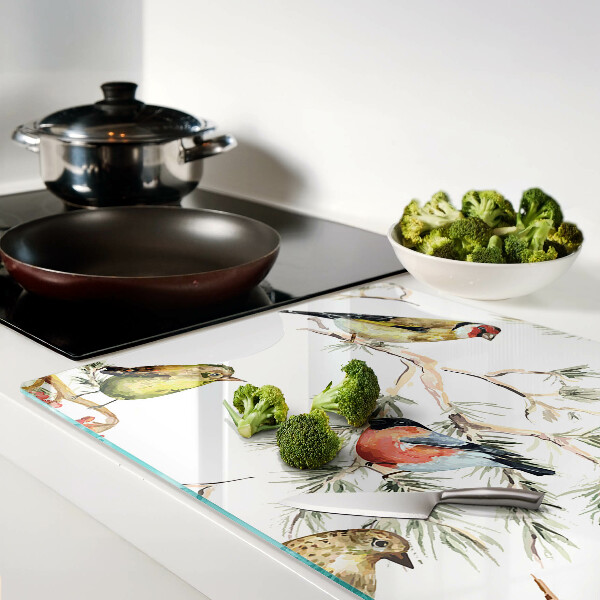 Tagliere in vetro con decorazione di uccelli sui rami e frutti