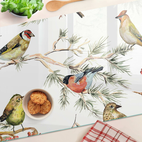 Tagliere in vetro con decorazione di uccelli sui rami e frutti