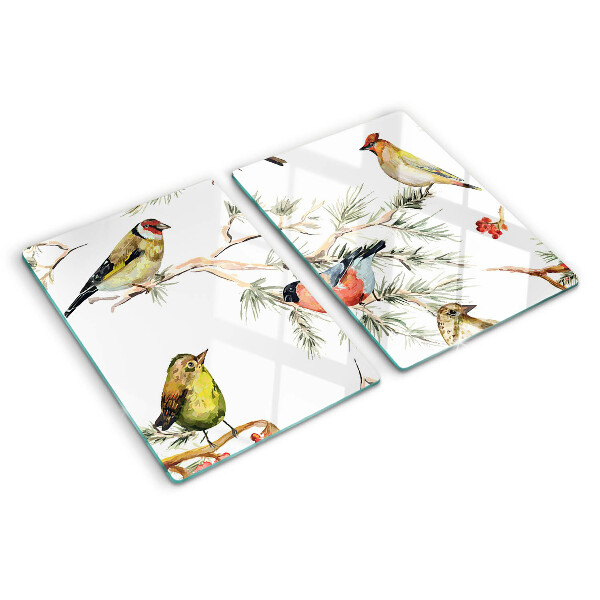 Tagliere in vetro con decorazione di uccelli sui rami e frutti