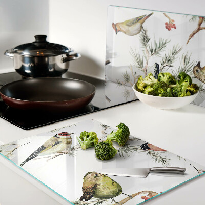 Tagliere in vetro con decorazione di uccelli sui rami e frutti