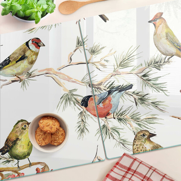 Tagliere in vetro con decorazione di uccelli sui rami e frutti