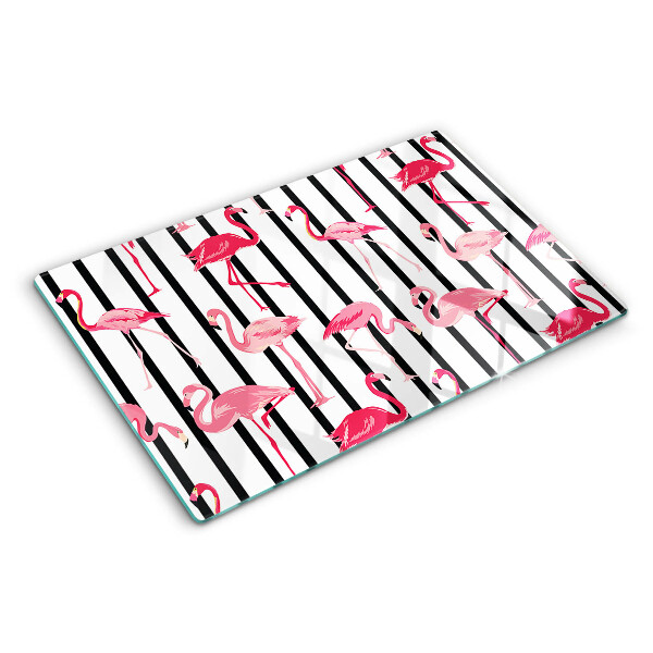 Tagliere in vetro temperato con decorazione di fenicotteri su sfondo a strisce