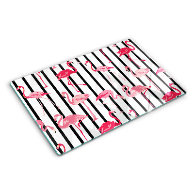 Tagliere in vetro temperato con decorazione di fenicotteri su sfondo a strisce