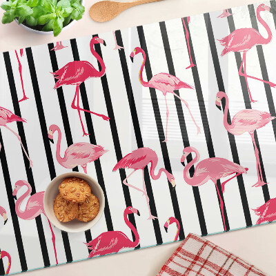 Tagliere in vetro temperato con decorazione di fenicotteri su sfondo a strisce