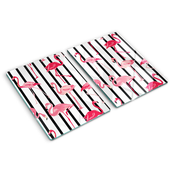 Tagliere in vetro temperato con decorazione di fenicotteri su sfondo a strisce