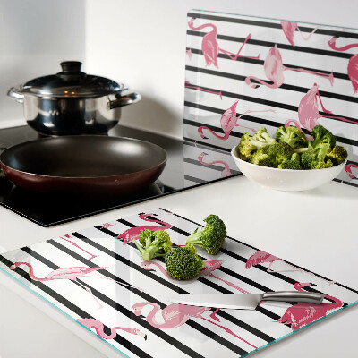 Tagliere in vetro temperato con decorazione di fenicotteri su sfondo a strisce