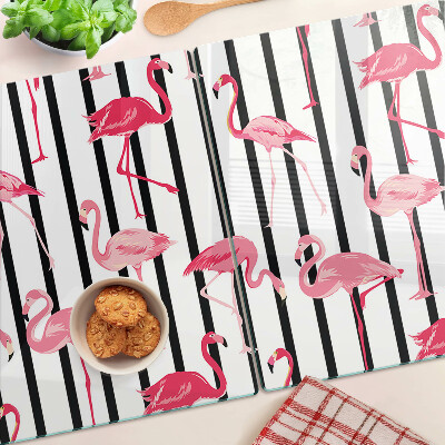 Tagliere in vetro temperato con decorazione di fenicotteri su sfondo a strisce