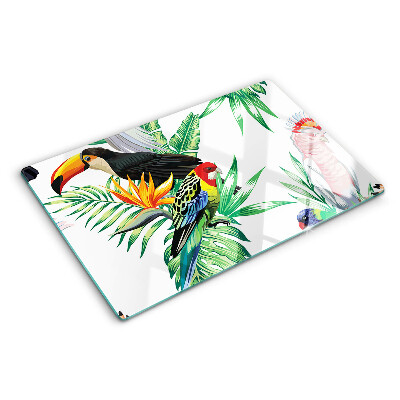 Tagliere in vetro temperato con stampa di uccelli tropicali e foglie