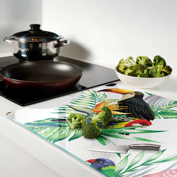 Tagliere in vetro temperato con stampa di uccelli tropicali e foglie