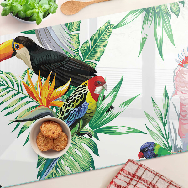 Tagliere in vetro temperato con stampa di uccelli tropicali e foglie