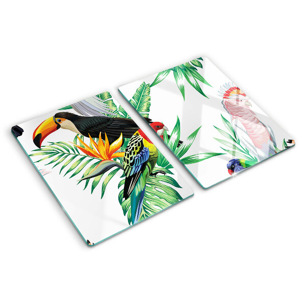 Tagliere in vetro temperato con stampa di uccelli tropicali e foglie