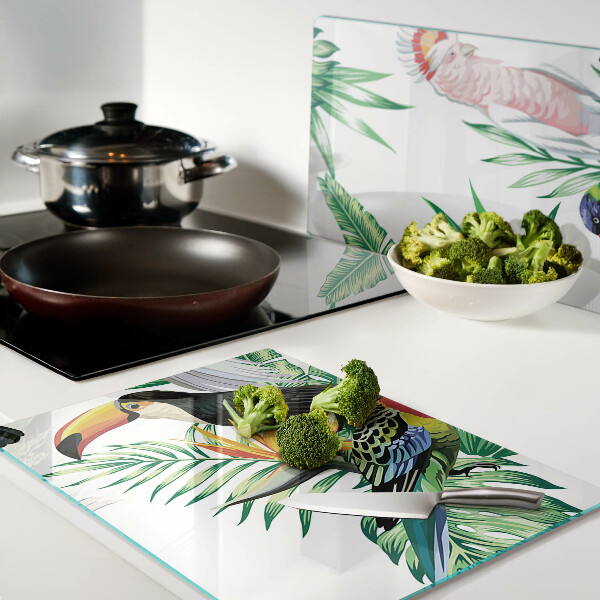 Tagliere in vetro temperato con stampa di uccelli tropicali e foglie