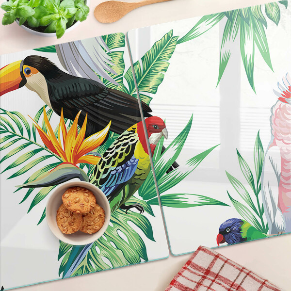 Tagliere in vetro temperato con stampa di uccelli tropicali e foglie