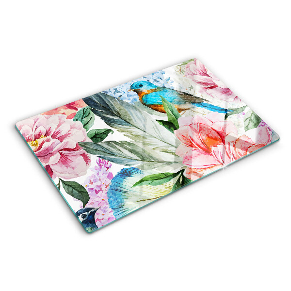 Tagliere in vetro temperato con motivo di fiori e uccelli dipinti ad acquerello