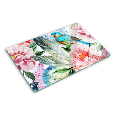Tagliere in vetro temperato con motivo di fiori e uccelli dipinti ad acquerello