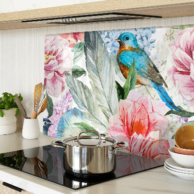 Tagliere in vetro temperato con motivo di fiori e uccelli dipinti ad acquerello