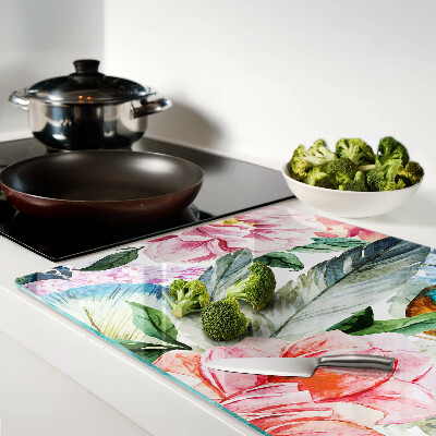 Tagliere in vetro temperato con motivo di fiori e uccelli dipinti ad acquerello