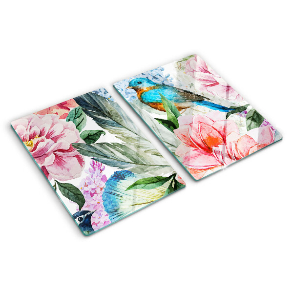 Tagliere in vetro temperato con motivo di fiori e uccelli dipinti ad acquerello