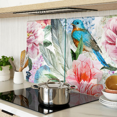 Tagliere in vetro temperato con motivo di fiori e uccelli dipinti ad acquerello