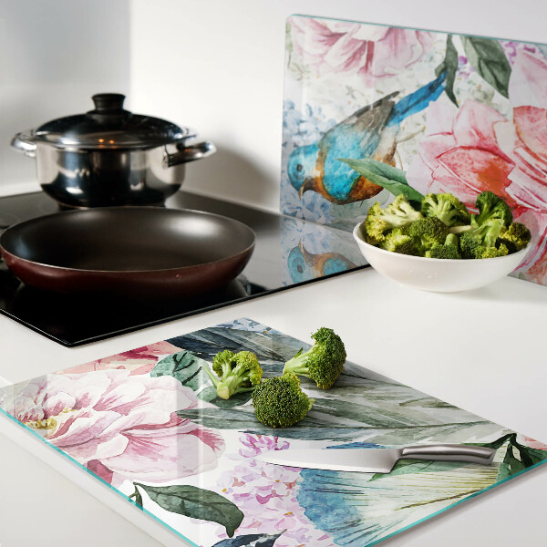 Tagliere in vetro temperato con motivo di fiori e uccelli dipinti ad acquerello