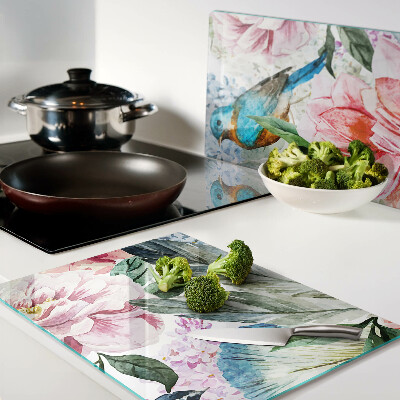 Tagliere in vetro temperato con motivo di fiori e uccelli dipinti ad acquerello