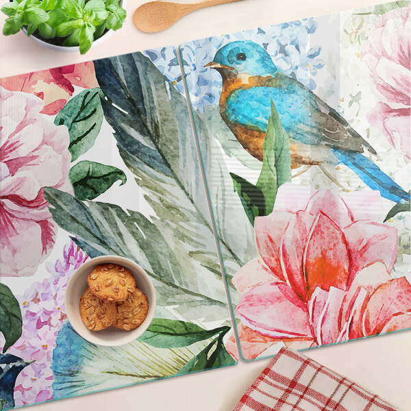 Tagliere in vetro temperato Fiori e uccelli ad acquerello