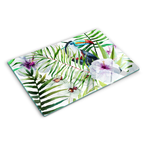 Tagliere in vetro con motivo tropicale di uccelli e piante