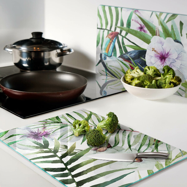 Tagliere in vetro con motivo tropicale di uccelli e piante