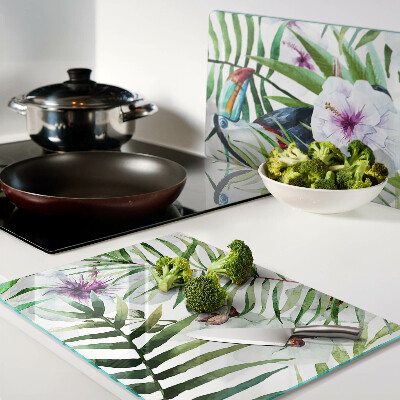 Tagliere in vetro con motivo tropicale di uccelli e piante