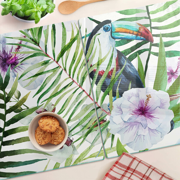Tagliere in vetro con motivo tropicale di uccelli e piante