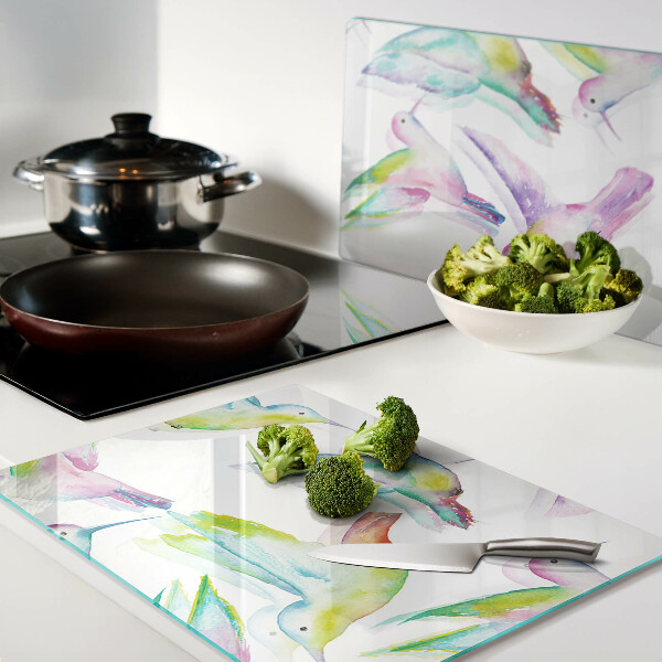 Tagliere in vetro temperato con motivo Colibrì in stile acquerello