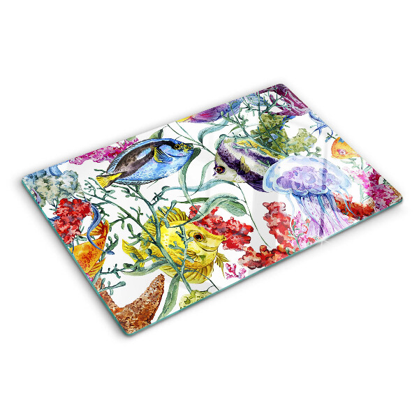 Tagliere in vetro con motivo marino raffigurante pesci e meduse