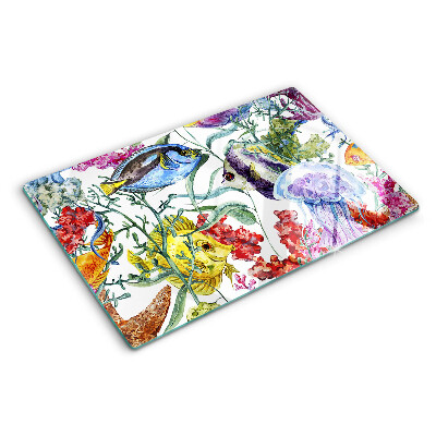 Tagliere in vetro con motivo marino raffigurante pesci e meduse