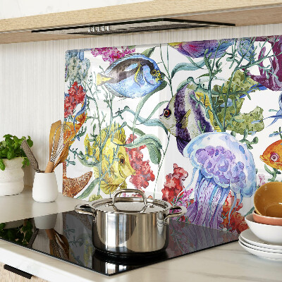 Tagliere in vetro con motivo marino raffigurante pesci e meduse