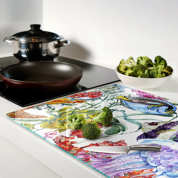 Tagliere in vetro con motivo marino raffigurante pesci e meduse