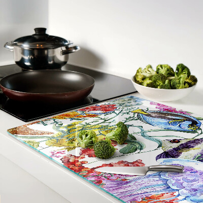 Tagliere in vetro con motivo marino raffigurante pesci e meduse